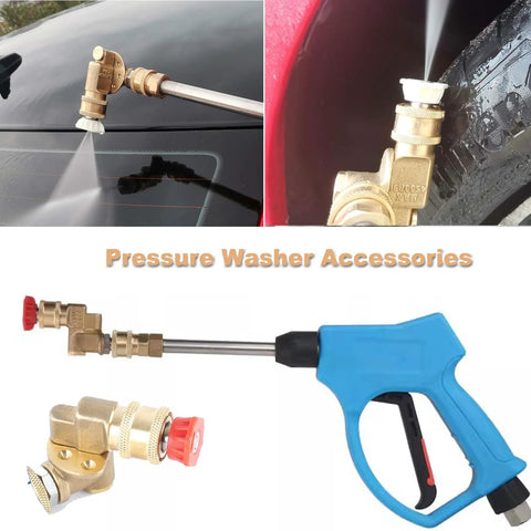 Blue handheld pressure washer spray gun with brass quick-connect coupler and red-cap nozzle adapters