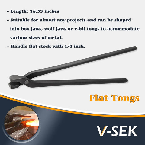 Flat tongs from V Bit Blade Tongs Set for Knife Making And Bladesmithing, handles 1/4 inch flat stock, black heavy duty steel.