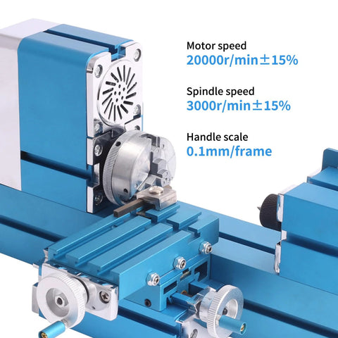 Blue mini metal lathe close-up showing silver spindle and tool post.