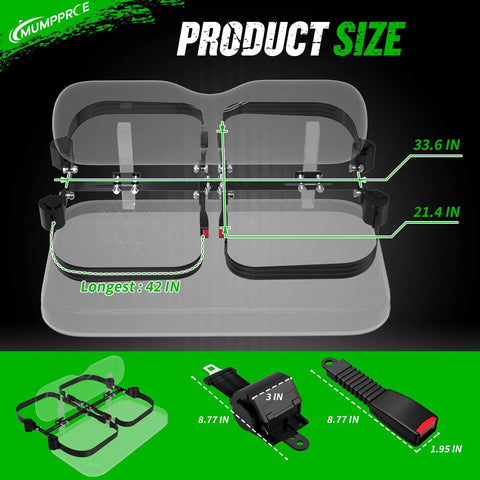 Universal Golf Cart Seat Belt Kit For 4 Seat Carts, belt dimensions 42in, 33.6in, 21.4in with bracket measurements shown