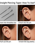 Step-by-step guide using Titanium Threadless Piercing Tapers Set 16G 18G 20G with straight pins in ear helix piercing.