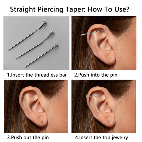 Step-by-step guide using Titanium Threadless Piercing Tapers Set 16G 18G 20G with straight pins in ear helix piercing.