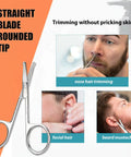 Facial Hair Scissors And Grooming Kit For Guys And Gals With Curved Safety Tip Clippers, shown trimming nose and beard.