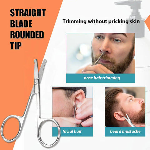 Facial Hair Scissors And Grooming Kit For Guys And Gals With Curved Safety Tip Clippers, shown trimming nose and beard.