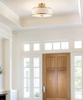 Dope Modern Gold 3 Light Semi Flush Mount Ceiling Light With White Tapered Fabric Shade In Warm Brass Finish in hallway