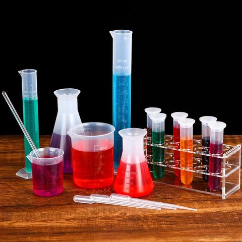 Ultimate 22 Piece Plastic Labware Set For DIY Home Science with beakers, cylinders, flasks, droppers, test tube rack, colorful liquids