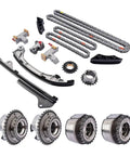 Premium Timing Chain Kit For Hyundai Genesis And Kia V6 3.3 Liter 8.0L Gasoline Engine G6DJ G6DF G6DH Models With CVVT Gears Built To Last Between 2009 And 2024 Without Worrying About Stretching Or Breakage., metal timing chain kit with guides and sprockets laid out on white