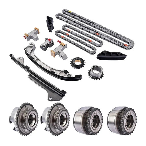 Premium Timing Chain Kit For Hyundai Genesis And Kia V6 3.3 Liter 8.0L Gasoline Engine G6DJ G6DF G6DH Models With CVVT Gears Built To Last Between 2009 And 2024 Without Worrying About Stretching Or Breakage., metal timing chain kit with guides and sprockets laid out on white