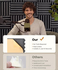 Premium Soundproof 36 Pack Wedge Acoustic Foam Panels Self Adhesive Wall Tiles High Density Fire Resistant Audio Dampening Treatment For Home Studio And Gaming Den Room Vibes Black installed on a wall behind a man speaking into a microphone.