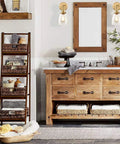 Industrial Brass Swing Arm Wall Sconces Set Of 2 Glass Bell Lamps installed on vanity wall with wooden mirror and shelves.