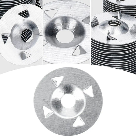 Close-up of galvanized metal washers from Six Hundred Pieces Foam Board Fasteners With One And One Eighth Inch Galvanized Metal Washers For Easy Foam Board Fixing And DIY Installation No Fuss For Home Improvement Projects And Craft Displays kit.
