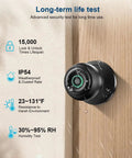 Biometric Smart Door Lock With Fingerprint Scanner, App Control And Physical Key on wood door under rain, weatherproof IP54, matte black.