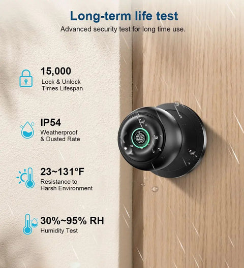 Biometric Smart Door Lock With Fingerprint Scanner, App Control And Physical Key on wood door under rain, weatherproof IP54, matte black.