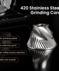 Close-up of 420 stainless steel grinding core for Road Trip Ready Portable Electric Coffee Grinder With Adjustable Stainless Steel Burrs.