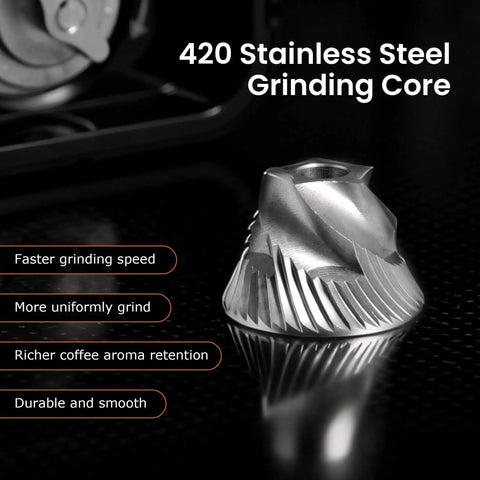 Close-up of 420 stainless steel grinding core for Road Trip Ready Portable Electric Coffee Grinder With Adjustable Stainless Steel Burrs.