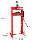 Heavy Duty 30 Ton Air Hydraulic Shop Press With Gauge And Sturdy H Frame Rig For Tough Garage Mods in red with height measurements.