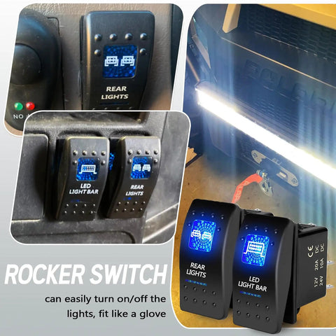 2 Pcs UTV Rocker Switch 12V 20A 3 Pin Blue LED Marine Rocker Switch For Polaris RZR Ranger XP SXS Maverick X3 ATV Golf Cart Boat Rear Light Toggle Switch With Jumper Wires, blue LED rear light and light bar switches