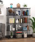 Living room scene with Freely Configurable Nine Cube Wire Storage Organizer for books, toys, plants in black iron metal grid.