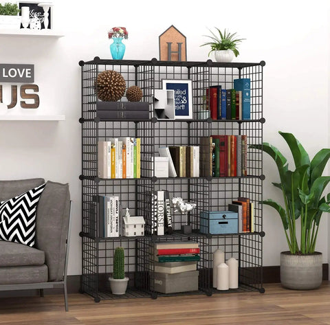 All In One Freely Configurable Wire Cube Storage Organizer System With 16 Modular Metal Grids Great For Toys, Books, Clothes, Shoes, Plants, And Pets Black Iron Finish Dope Versatile Shelving For Living Room, Bedroom, Or Craft Space