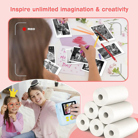 12 Roll Kit For Kids Instant Camera Printer Paper Refill White Thermal Paper For Kids Photo Prints Each Roll 2.2 In By 19.6 Ft Prints 80 Plus Images Per Roll Easy Peasy Refill For Mini Cameras, white thermal paper rolls shown with kids camera prints