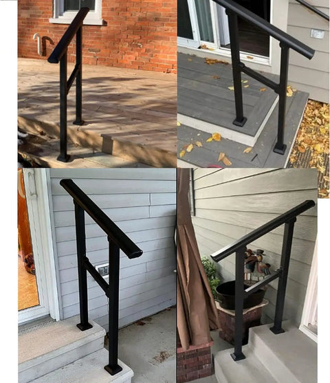 Dang Solid Metal Hand Rails For Outdoor Steps Black Powder Coated Stair Railing Kit. Various angles show installation options.