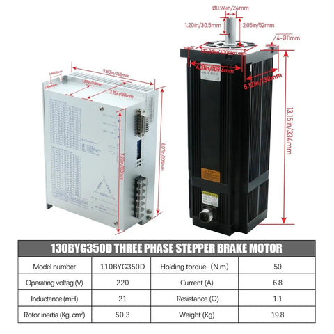 50Nm Three Phase Stepper Brake Motor With HB3722MA Hybrid Driver For CNC Engravers And Lathes, black motor and driver set with dimensions