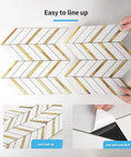Herringbone Peel And Stick Backsplash Tiles With Self Adhesive Marble Look For Kitchen And Bath 10 Sheets Covering About 10 Sq Ft Waterproof Heat Resistant Stain Resistant Anti Scratch White Mixed Gold Metal displayed