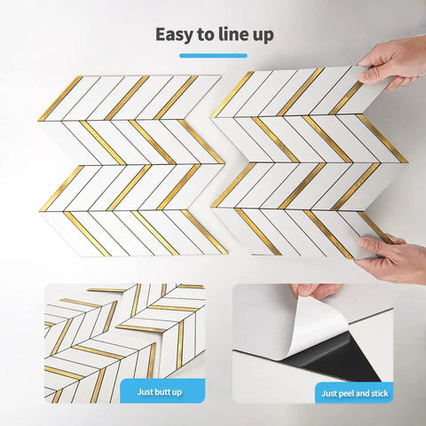 Herringbone Peel And Stick Backsplash Tiles With Self Adhesive Marble Look For Kitchen And Bath 10 Sheets Covering About 10 Sq Ft Waterproof Heat Resistant Stain Resistant Anti Scratch White Mixed Gold Metal displayed