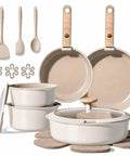 Nonstick Ceramic Cookware Set With Detachable Handle For Everyday Cooking, 19-Piece Induction Ready Pots And Pans in Beech Wood White