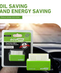 2 Pack OBD2 Fuel Saver Module For Most Cars Plug And Play Energy Optimizer Green packaging shown on car dashboard