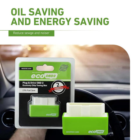 2 Pack OBD2 Fuel Saver Module For Most Cars Plug And Play Energy Optimizer Green packaging shown on car dashboard