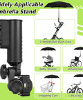Heavy Duty Golf Push Cart Umbrella Holder 180 Degree Adjustable Clamp shown on strollers and wheelchairs