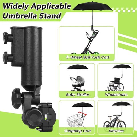 Heavy Duty Golf Push Cart Umbrella Holder 180 Degree Adjustable Clamp shown on strollers and wheelchairs