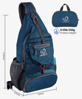 Blue packable small crossbody sling backpack for travel and hiking, ultralight water resistant daypack shown with dimensions and foldable pouch.