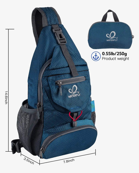 Blue packable small crossbody sling backpack for travel and hiking, ultralight water resistant daypack shown with dimensions and foldable pouch.