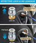 Heavy Duty Dual Tire Inflation Hose Quarter Inch X 8 Foot Hybrid Air Compressor Line With Quick Coupler Fittings 300 Psi valve locking mechanism shown