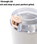 Close-up of see-through lid on Compact Electric Flax Seed Grinder for Smooth Fresh Grinding, featuring a gold accent.