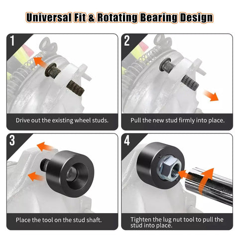 Step-by-step use of Wheel Stud Installer Tool for Automotive and Light Duty Trucks with 12x1.25, 12x1.5, 14x1.5 lug nuts.