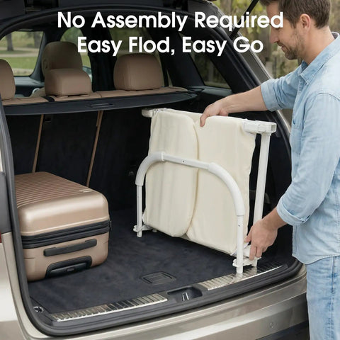 36 Inch Portable Bed Rail For Toddlers Foldable Travel Guard For Twin Beds And Camper Bunks being loaded into car trunk