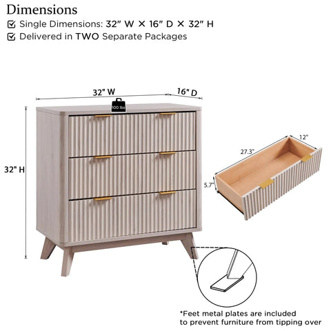Set Of Two Fluted Nightstands Featuring Three Spacious Drawers And Clean White Alder Finish with dimensions 32" H x 32" W x 16" D.