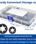 Angled front view of transparent storage box holding 7-size internal-tooth starlock washers in compartments; 172×100×22 mm.