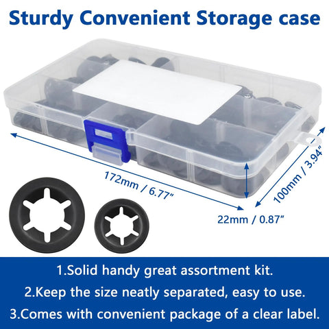 Angled front view of transparent storage box holding 7-size internal-tooth starlock washers in compartments; 172×100×22 mm.