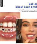 Close-up of Diy Tooth Jewelry Kit With 770 Crystals And 12 Shapes Bedazzle Gems Teeth Jewelry Starter Set displaying gems on teeth.