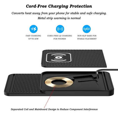 Smooth Ride Wireless Charging Pad with separated coil design for stable Qi charging and non-slip base, 20W fast charge.