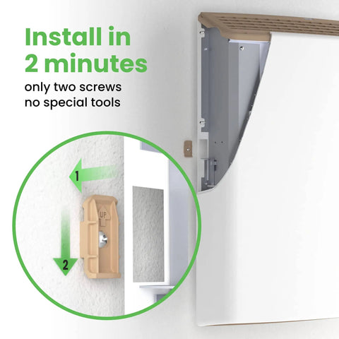 Plug In Wall Panel Heater For Indoor Use Delivers Energy Efficient Low Wattage Comfort With Round The Clock Safety Sensor Patented Quiet Fanless Design Easy Two Minute Install Space Heater Made In The USA, close-up of installation on wall.