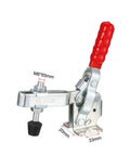 Hard Core Vertical Toggle Clamp Built Tough With Zinc Plate And Grippy Red Sleeve, M8 thread mount, perfect for secure woodworking.