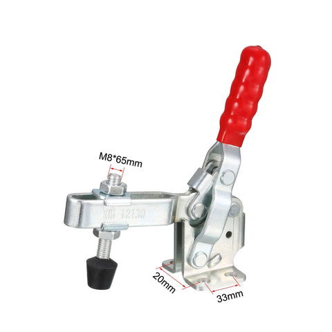 Hard Core Vertical Toggle Clamp Built Tough With Zinc Plate And Grippy Red Sleeve, M8 thread mount, perfect for secure woodworking.