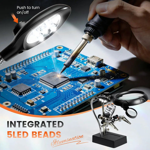 Person using Desktop LED Magnifying Glass Soldering Station with Handy Helping Hands on a circuit board, 2.5X 7.5X 10X Magnifier shown