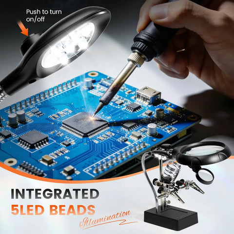 Silver Handheld Magnifier Glass With Stand For Reading Small Print And Detailed Craft Work, focused on circuit board soldering with LED light