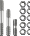 Heavy Duty 18 Piece Stainless Steel Double End Studs And Nuts Set Featuring M8 X30 X50 X70mm Sizes showing three sizes of M8 studs and hex nuts.